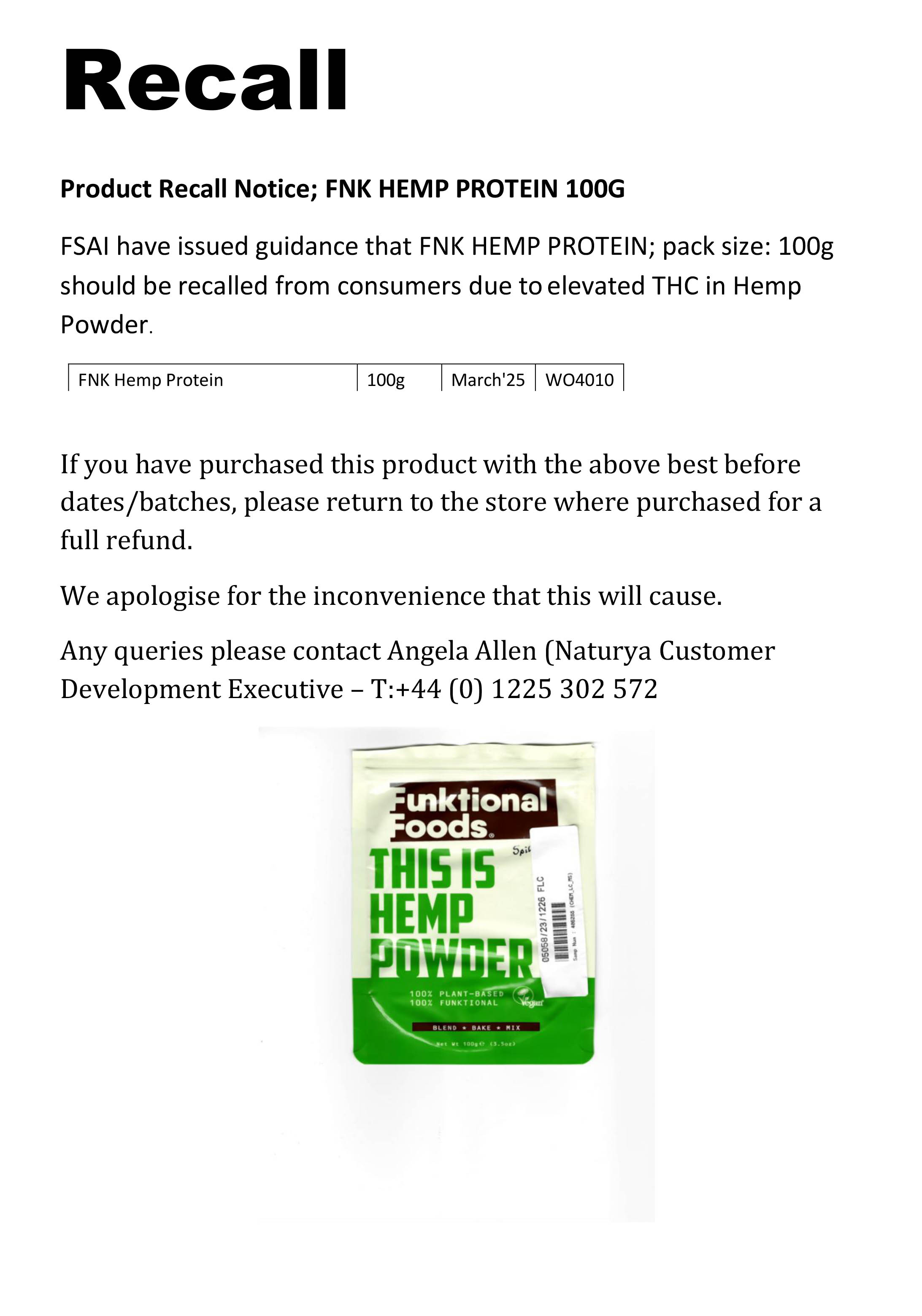 Recall notice   FNK Hemp Protein 